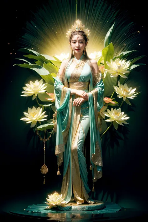 ((1girl and guanyin,mantra)),(),water,standing,lotus, lily pad,jewelry,wide sleeves, chinese clothes, hanfu,shawl, hair ornament, holding flower, earrings, crown,<lora:add_detail:2>,<lora:yuzu2:0.7>, <lora:bguanyinv1:0.287>,(rim lighting,:1.4) two tone lighting, sharp focus, teal hue, octane, unreal, dimly lit, low key, <lora:epi_noiseoffset2:0.1>,