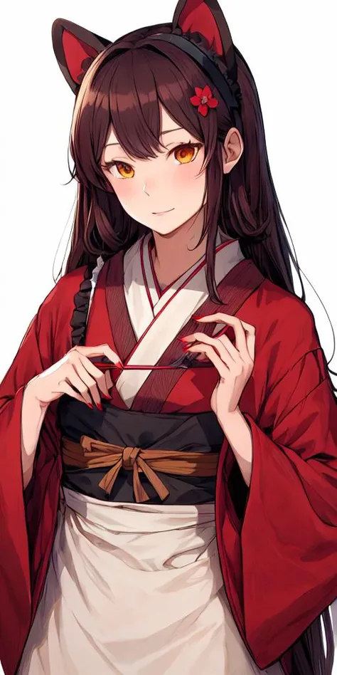 inui toko,<lyco:inui toko2:0.8>,1girl, inui toko, animal ears, heterochromia, long hair, solo, low twintails, japanese clothes, kimono, twintails, hair ornament, dog ears, red eyes, maid headdress, hair flower, flower, yellow eyes, wa maid, wide sleeves, very long hair, apron,sash, obi, brown hair, bangs, brown kimono, long sleeves, red flower, black kimono,blush, dog girl, whisk, white apron, red nails, nail polish,<lora:flat2:-0.5>,<lora:boldline2:-0.5>,<lora:saturation:0.5>,<lora:noline:-0.5>,<lora:flatBG:0.5>,<lyco:kotobuki:-0.75>