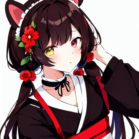 inui toko,solo,1girl,<lora:inui toko:0.8>,1girl, solo, virtual youtuber, inui toko, animal ears, flower, hair ornament, heterochromia, wa maid, japanese clothes, hair flower, dog ears, red eyes, kimono, yellow eyes, black kimono, white background, maid headdress, low twintails, brown kimono, simple background, upper body, bangs, red flower, twintails, brown hair, closed mouth, looking at viewer, long hair, black hair, choker, apron, collar, frills