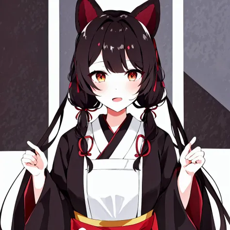 inui toko,solo,1girl,<lora:inui toko:1.0>,1girl, inui toko, virtual youtuber, wa maid, heterochromia, animal ears, solo, japanese clothes, low twintails, dog ears, red eyes, hair ornament, hair flower, flower, kimono, yellow eyes, twintails, sash, maid headdress, obi, wide sleeves, black hair, long hair, bangs, apron, black kimono, open mouth, brown kimono, looking at viewer, long sleeves, choker, brown hair, black choker, upper body, breasts