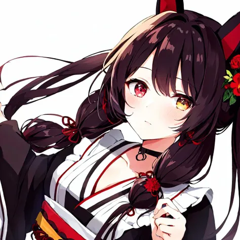 inui toko,solo,1girl,<lora:inui toko:0.8>,1girl, solo, virtual youtuber, inui toko, animal ears, flower, hair ornament, heterochromia, wa maid, japanese clothes, hair flower, dog ears, red eyes, kimono, yellow eyes, black kimono, white background, maid headdress, low twintails, brown kimono, simple background, upper body, bangs, red flower, twintails, brown hair, closed mouth, looking at viewer, long hair, black hair, choker, apron, collar, frills
