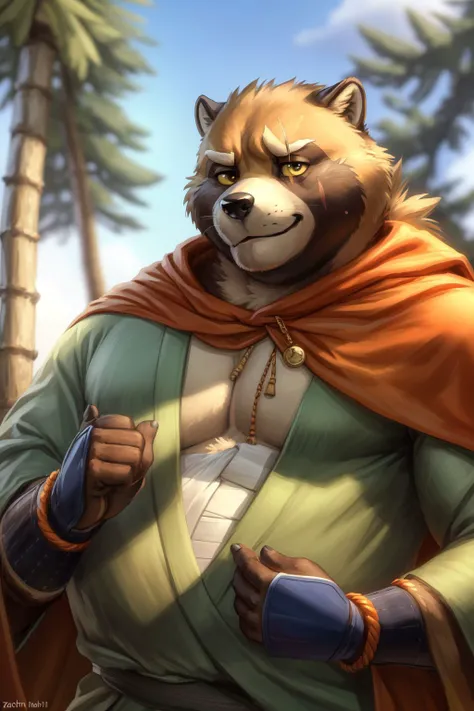 <lora:gyobu-07:0.9>, gyobu, plump, bara, yellow sclera, (posing:1.3), (soft shading), 4k, hi res, five fingers, detailed hands, ((detailed face, (detailed eyes:1.0), detailed)), by zackarry911, by zaush, (by personalami:0.5), kimono, green kimono, cape, orange cape, close-up, portrait, smile, scar on face, upper body, bamboo,