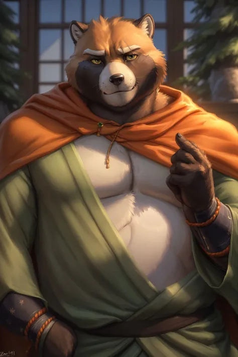 <lora:gyobu-07:0.9>, gyobu, plump, bara, yellow sclera, (posing:1.3), (soft shading), 4k, hi res, five fingers, detailed hands, ((detailed face, (detailed eyes:1.0), detailed)), by zackarry911, by zaush, (by personalami:0.5), kimono, green kimono, cape, orange cape, close-up, portrait, smile