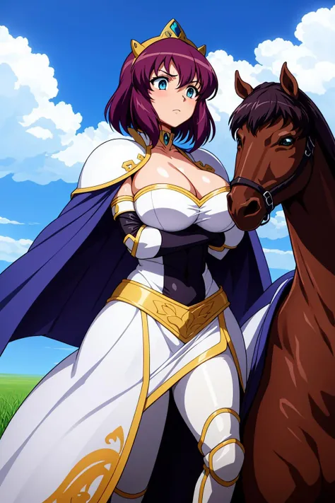 {{masterpiece}},{{best quality}},{{high resolution}},{{caustics}},{{detailed}}, a girl riding on horse,horse,ã outside, sky, grass field,flower,serious,(sharp look:1.4),(scowl at:1.1),angly,fierce expression
<lora:henriettaV1:0.6>,henrietta,,The Familiar of Zero,17_year_old_girl,purple_hair,blue_eyes,large breasts, huge breasts,
cleavage, thighhighs, armor,, black thighhighs,purple_cape,, boots, shoulder armor, armored boots, choker, tiara,skirt,(saddle,reins:1)
