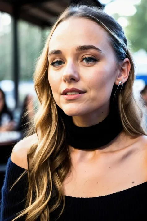 madisonL1 piercing eyes, looking straight, very happy,long hair, wearing an off-shoulder sweater, choker, closeup portrait, in a outdoor cafe in 2015, afternoon light