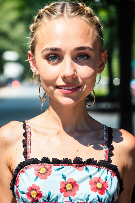 a full body photo of madisonL1 with a happy look on the face, (upper body), house wife style, (floral print milkmaid dress:1.3), in front of city street, (city street), detailed skin texture, (blush:0.5), (goosebumps:0.5), subsurface scattering, ultra hd, 4k, high def, realistic, Photorealistic, Hyperrealistic, Hyperdetailed, analog style, detailed skin, matte skin, soft lighting, subsurface scattering, realistic, heavy shadow, masterpiece, best quality, ultra realistic, 8k, golden ratio, Intricate, High Detail, film photography, soft focus
