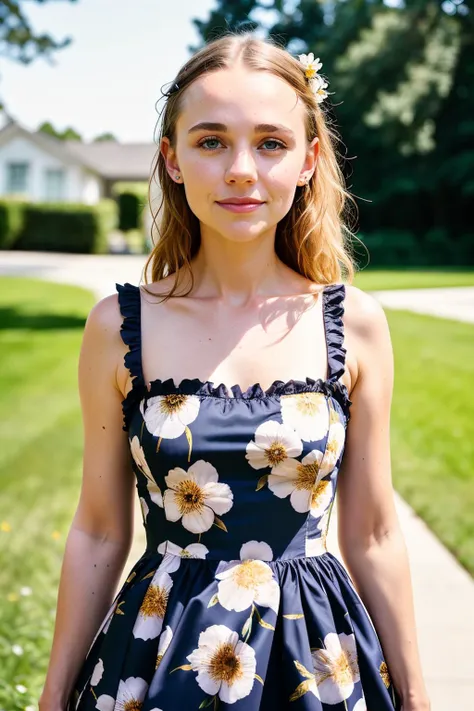 a full body photo of madisonL1 with a happy look on the face, (upper body), house wife style, (floral print milkmaid dress:1.3), in front of city street, (city street), detailed skin texture, (blush:0.5), (goosebumps:0.5), subsurface scattering, ultra hd, 4k, high def, realistic, Photorealistic, Hyperrealistic, Hyperdetailed, analog style, detailed skin, matte skin, soft lighting, subsurface scattering, realistic, heavy shadow, masterpiece, best quality, ultra realistic, 8k, golden ratio, Intricate, High Detail, film photography, soft focus