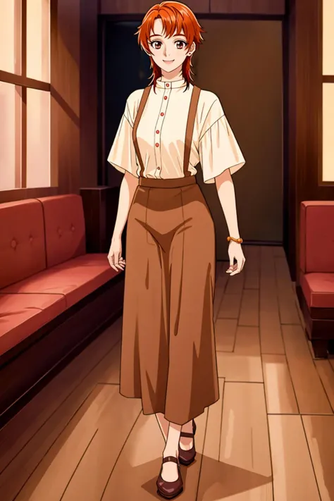 <lora:rin_otona:0.7> rin_otona, white shirt, brown skirt, suspenders, bracelet, cafe, photoreal background, long skirt, smile, full body, walking, solo, looking at viewer, mature female,, <lyco:GoodHands-beta2:0.6>,