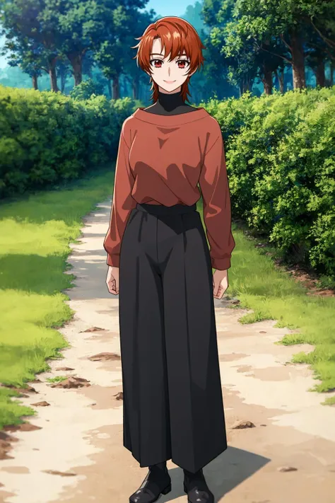 <lora:rin_otona:0.6> rin_otona, red shirt, turtleneck, black palazzo, smile, full body, in forest, photoreal background, standing, solo, looking at viewer, mature female