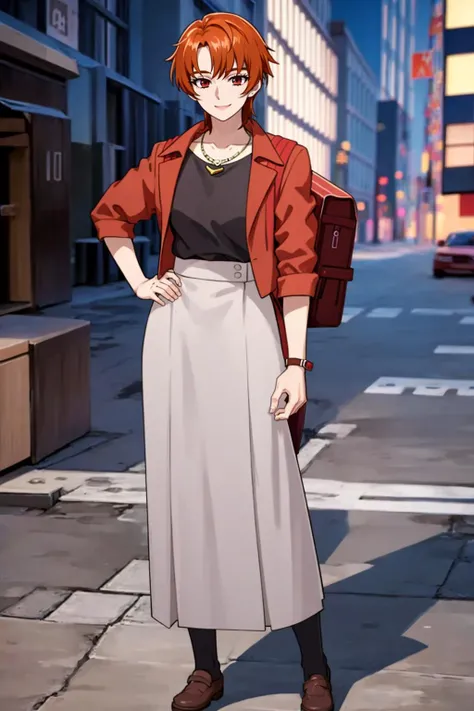 <lora:rin_otona_old:0.6> rin_otona, red jacket, black shirt, grey skirt, long skirt, necklace, black pantyhose, backpack, backpack on one shoulder, smile, full body, in new york street, photoreal background, standing, solo, looking at viewer, mature female, hand on own hip, solo