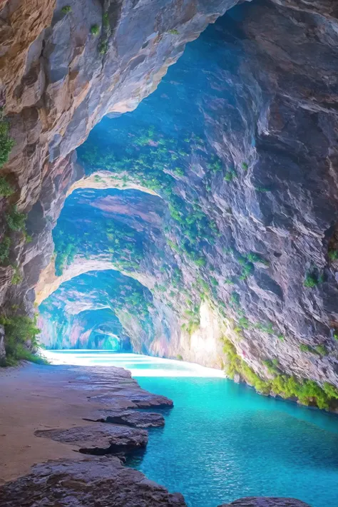 cave interior, water, bridge, <lora:Cave:0.6>