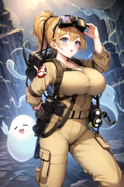 cave interior, cave, gigantic breasts, ponytail, ghostbuster uniform, ghost, goggles on head, <lora:Cave:1>, <lora:Ghostbuster:0.6>