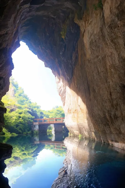 cave interior, water, bridge, <lora:Cave:0.6>