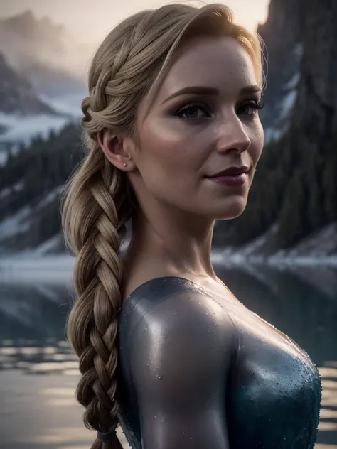 dynamic photo of gorgeous woman, 30 years old, (Elsa cosplay from Arendelle), one braid, eyeliner,  smirking, subsurface scattering, low fog atmosphere, epic, heroic, misty, impaired vision (sharp:0. 7), ultra-detailed, real-life texture, sunrise bright fill lighting, glowing diffusion, frozen lake in the background, dynamic composition, unreal engine, Nikon D850, (detailed face:1.3), pantpulldown <lora:pantpulldown:0.1>