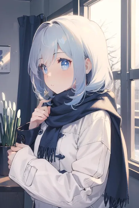 best quality, colorful, blue theme, white theme, winter, solo, a girl, scarf, indoor, snowdrop, 
<lora:92M-000008:1>