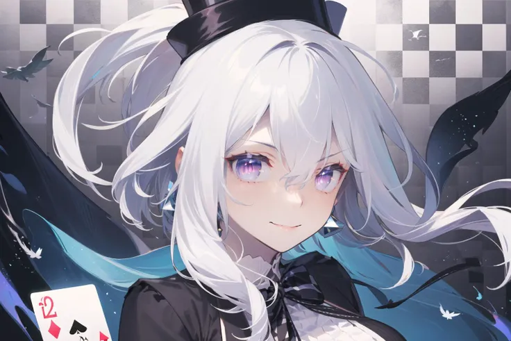 (extremely detailed CG, best quality, ultra-detailed, best shadow), (((checkered background))), ((illustration)), (beautiful detailed face), (floating hair), dynamic angle, High contrast, (best illumination, an extremely delicate and beautiful), hyper detail, intricate details, 1 girl, solo, magician, (white hair:1.3), tuxedo, pink eyes, (mini top hat:1.2), dice earrings, red ribbon, white gloves, holding card, (evil smile:1.3), (((floating card, swirling bird around the character))), light particles, looking at viewer,
<lora:92M-000008:1>