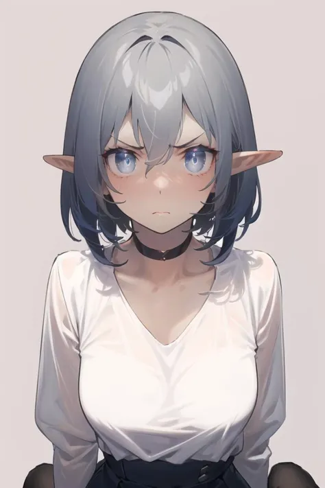 masterpiece, (((best quality))), ((ultra-detailed)), ((illustration)),
(((grey_background, simple background))), 
1girl, elf, pointy ears, silver_hair, (short_hair), hair_between_eyes, dark_blue_eyes, collarbone, 
unamused, [blush], looking_at_viewer, sitting, upper body, 
(see-through white_collared_shirt, long_sleeves, pleated:1), black_skirt, choker, black_pantyhose, x_hair_ornament,
<lora:92M-000008:1>