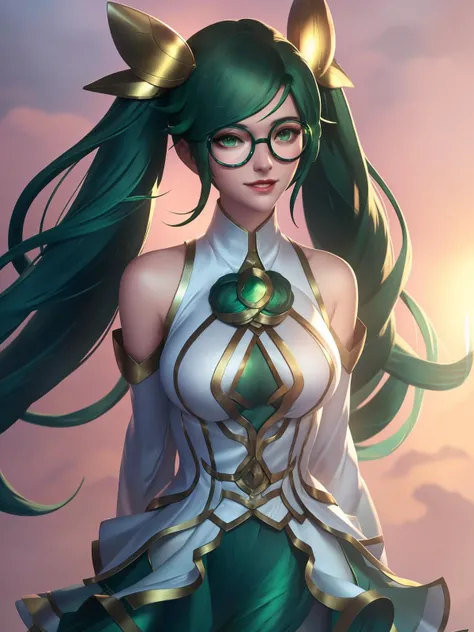 <lora:LOL qingnv_20230704201441:0.8>,dress,twintails,hair ornament,bare shoulders,long sleeves,glasses, round eyewear, long hair, arms behind back, green hair, cityscape, lake, white dress,