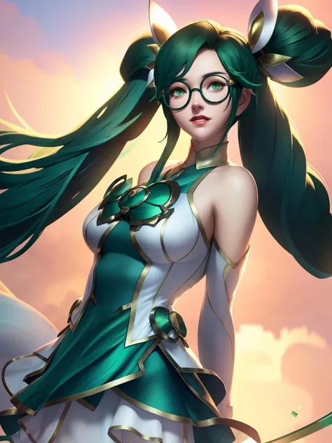 <lora:LOL qingnv_20230704201441:0.8>,dress,twintails,hair ornament,bare shoulders,long sleeves,glasses, round eyewear, long hair, arms behind back, green hair, cityscape, lake, white dress,