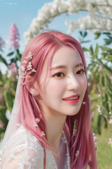 <lora:lesserafimSakura:1>,Sakura,(close-up photo:1.5),(pov:1.1),korean, woman, complex 3d render ultra detailed, portrait of beautiful woman,, moody portrait, striking features, beauty, intricate details, dramatic composition, tension, contrast, texture, realism, high-quality rendering, stunning art, high quality, film grain, Fujifilm XT3,swirly bokeh,(realistic, photo-realistic:1.4),RAW photo,physically-based rendering,(looking at viewer:1.4),(8k, best quality, masterpiece:1.2),(full body shot:1.1),octane render,extremely detailed CG, unity 8k wallpaper,(studio soft light, rim light,in forest,sunlight:1.2),standing,(a girl is wearing wedding dress:1.5),hyper realistic detail shiny skin,ultra detailed,(ultra realistic:1.5),(intricate:1.2),(photorealistic:1.4),1girl,(skinny:1.3),(detailed cheery blossom in background:1.2),(bright pink hair,bangs:1.2)