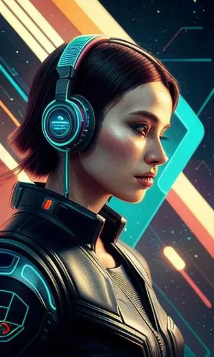 a woman with headphones on her ears and a futuristic background with geometric shapes and lines, with a space theme, Android Jones, highly detailed digital painting, cyberpunk art, retrofuturism