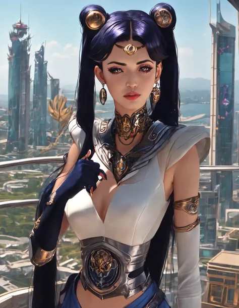 (Beautiful cyborg princess looking out over her lands from a tall tower, league of legends, long legs, belly dancer, high heels, intricate detail, cyberpunk Japan, futuristic, clean sharp focus) <lora:Dusk_XL_Goth_Moon_dadapt_cos_1e-7:0.8> 1girl, long hair, twintails, jewelry, hair bun, earrings, double bun, tsukino usagi, sailor collar, choker, hair ornament, crescent, sailor moon, skirt, gloves, very long hair