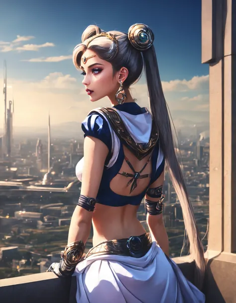 (Beautiful cyborg princess looking out over her lands from a tall tower, league of legends, long legs, belly dancer, high heels, intricate detail, cyberpunk Japan, futuristic, clean sharp focus) <lora:Dusk_XL_Goth_Moon_dadapt_cos_1e-7:0.8> 1girl, long hair, twintails, jewelry, hair bun, earrings, double bun, tsukino usagi, sailor collar, choker, hair ornament, crescent, sailor moon, skirt, gloves, very long hair