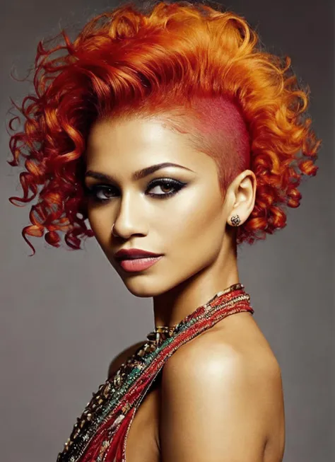 portrait of sks woman by Flora Borsi, style by Flora Borsi, bold, bright colours, orange Mohawk haircut, ((Flora Borsi)), <lora:locon_zendaya_v1_from_v1_64_32:1.25>