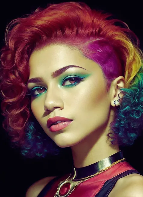 portrait of sks woman by Flora Borsi, style by Flora Borsi, bold, bright colours, rainbow Mohawk haircut, ((Flora Borsi)), <lora:locon_zendaya_v1_from_v1_64_32:1.25>