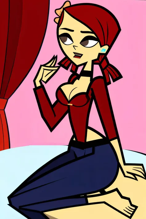 in the Bedroom, (Realistic:1.5) 1girl, solo, open mouth, cleavage, medium breasts, full body, red hair, hair flower, black choker, brown eyes, Yoga pants with a hoodie <lora:EdobZoeyTotalDrama_v1.0:0.8>