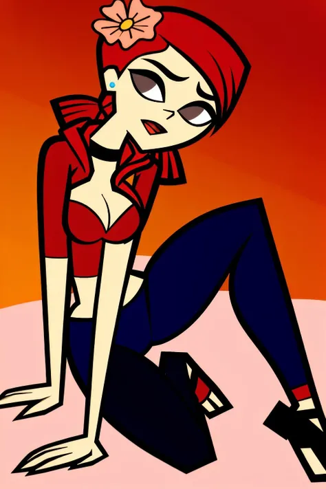 in the Bedroom, (Realistic:1.5) 1girl, solo, open mouth, cleavage, medium breasts, full body, red hair, hair flower, black choker, brown pupils, Yoga pants with a hoodie <lora:EdobZoeyTotalDrama_v1.0:0.8>