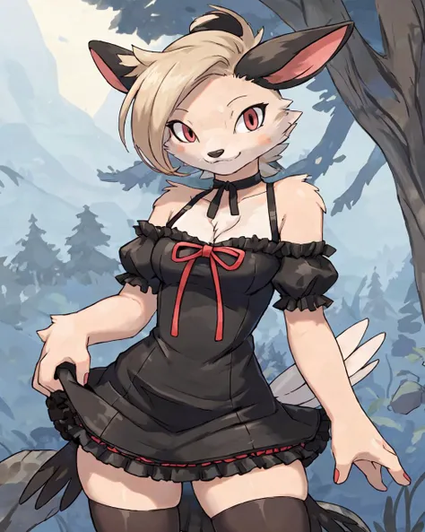 solo, masterpiece, <lora:PokemonDna:0.8>,pokemondna, Chickadee, Unconventional, in Mini dress with [Carbon fiber|Mohair] details