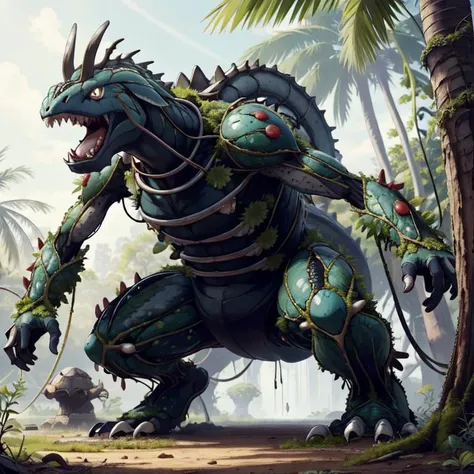 ((((((masterpiece)))), best quality, ultra-detailed, extremely detailed CG unity 8k wallpaper, best illustration, an extremely dynamic angle, dynamic pose, Mosscale is a colossal reptilian creature with a dark green scaly skin. Its back is covered by a thick layer of moss and lichens, making it almost indistinguishable from the natural environment. He has a wide and powerful jaw, ready to crush any threat.
Plant Powers: Mosscale is able to control the vegetation around him. It can cause vines and roots to rise from the ground, entangling and immobilizing your opponents. In addition, it is able to regenerate by absorbing energy from nearby plants, making it almost invulnerable in combat.