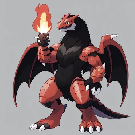 masterpiece, best quality, expressive eyes, absurdres, <lora:PokemonDna-20:1> (pokemondna:0.8), standing, reptile, long black mane, jagged rough red scales, long arms, claws, plated armor,
