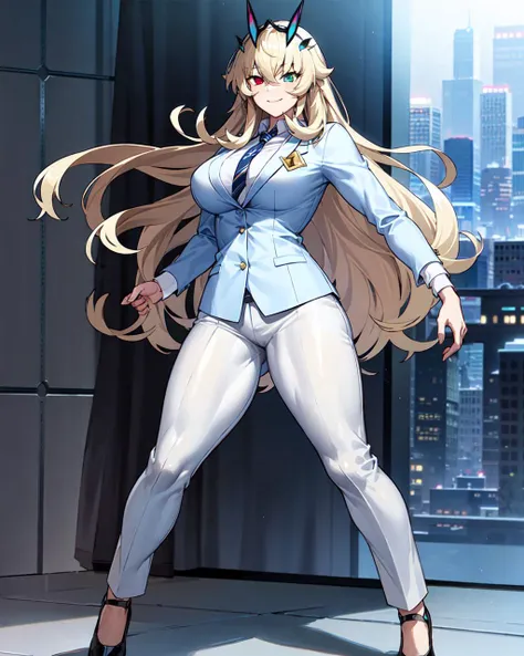 8k, HDR, <lora:barghest_V6:0.8>, office background, wearing a blue pinstripe business suit, wearing white dress shirt under suit jacket, blue pinstripe dress pants, blue pinstripe suit jacket, wearing a blue tie, office has windows overlooking Los Angeles skyline, ultra-detailed, detailed hair, hard rim lighting,((dramatic lighting)),sharp focus,1girl,heterochromia, fairy knight gawain \(fate\), heterochromia, breasts, red eyes, muscular female, horns, muscular, solo, large breasts, looking at viewer,bangs, thighs, full body, smile, biceps, abs, smug expression,