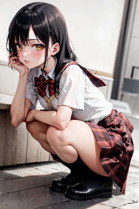 masterpiece, best quality, 1girl, solo, black hair, long hair, yellow eyes, (white school uniform), short sleeves, black thighhighs,  <lora:JKskirt_v0.55:0.5>, plaid skirt,red skirt, (red bowtie:1.15), looking at viewer, squatting,  (mary_janes), <lora:mary_janes_v0.2:0.6>, hand on hip,