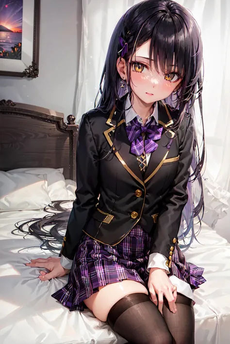 masterpiece, best quality, 1girl, solo, black hair, long hair, yellow eyes, (black blazer:1.3), long sleeves,(black thighhighs:1.4),  <lora:JKskirt_v0.55:0.5>, (purple skirt, purple bowtie), looking at viewer, sitting, bedroom, sunset, indoor,