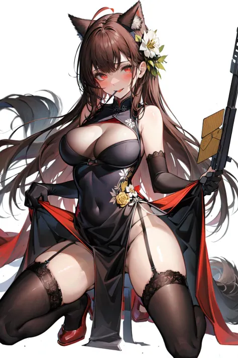 , (masterpiece:1.2), best quality,PIXIV,
1girl, dress, breasts, chinese clothes, long hair, weapon, solo, gun, thighhighs, official alternate costume, hair ornament, large breasts, china dress, red dress, bangs, mouth hold, looking at viewer, animal ears, red eyes, sidelocks, dress lift, lace trim, hair flower, lace-trimmed legwear, clothes lift, blunt bangs, very long hair, rifle, brown hair, flower, lace, ahoge, black thighhighs, bare shoulders, blush, red footwear, shoes, simple background, arm support, garter straps, smile, white background, card, side slit, lifted by self, thighs, bridal gauntlets, full body, kneeling, sleeveless, head tilt, clothing cutout, antenna hair, flats, black hair, sleeveless dress, string alternate costume, gloves, holding
<lora:sketch style_20230721202436:0.9>
