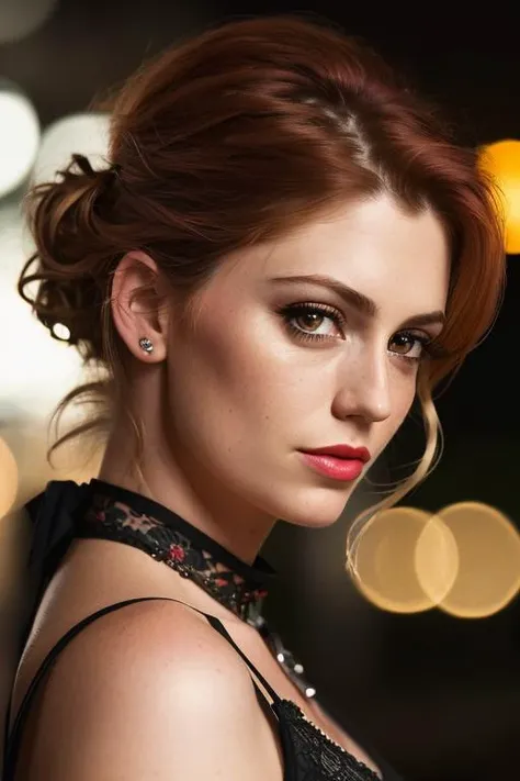 photo of diorabaird:0.99, closeup portrait, hair updo, red hair, lipstick, sweater, dark moody ambience, petite, (masterpiece:1.2) (photorealistic:1.2) (bokeh) (best quality) (detailed skin:1.2) (intricate details) (nighttime) (8k) (HDR) (cinematic lighting) (sharp focus), (closeup portrait:1.1), (choker)