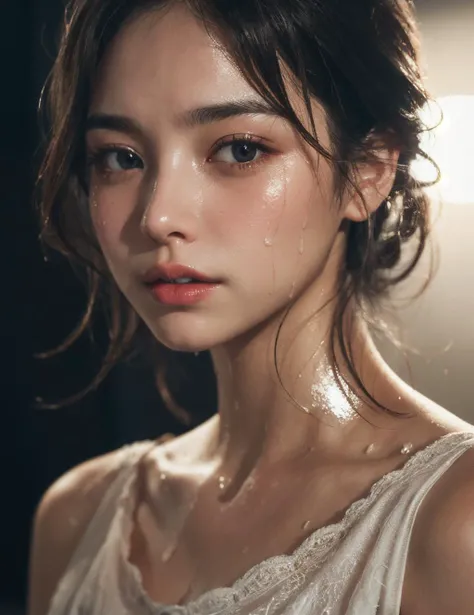 (Cinematic tones)(The film is in a cool gray tone)(Wet clothes:1.9),(Get wet all over your body:1.9),Top image quality, tmasterpiece, 超高分辨率, (Fidelity:1.4), photore,deluge, stunningly beautiful woman, (Sorrow), white shirt, dim murky lights, shadowy, Desperate, Pity, Pathetic, Cinematic, Tears, tear drop, (ripped clothing:1.5), (Wet clothes:1.4), bare shoulders, Real rain, wetting hair