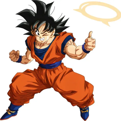 smile, spiked hair, 1boy, open mouth, dougi, halo, fighting stance, thumbs up, close-up, one eye closed, clenched hands, solo, simple background, clenched teeth, son goku, transparent background, black eyes, full body, looking at viewer, kicking, black hair