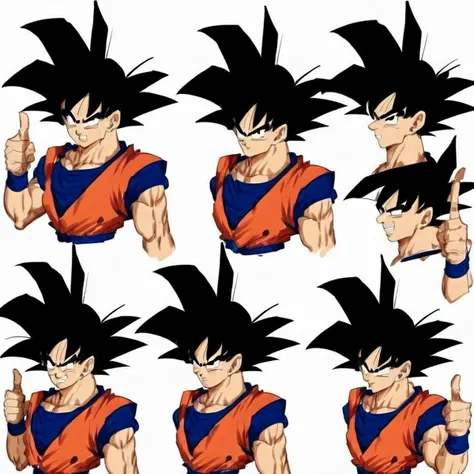 salute, serious, smile, male focus, white background, close-up, solo, one eye closed, kicking, thumbs up, boots, simple background, black eyes, full body, wristband, 1boy, clenched teeth, clenched hands, muscular, son goku, black hair