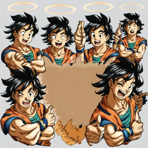 black hair, smile, clenched hands, transparent background, full body, halo, 1boy, wristband, fighting stance, close-up, dougi, kicking, crossed arms, thumbs up, one eye closed, simple background, open mouth, solo, salute, looking at viewer, upper body