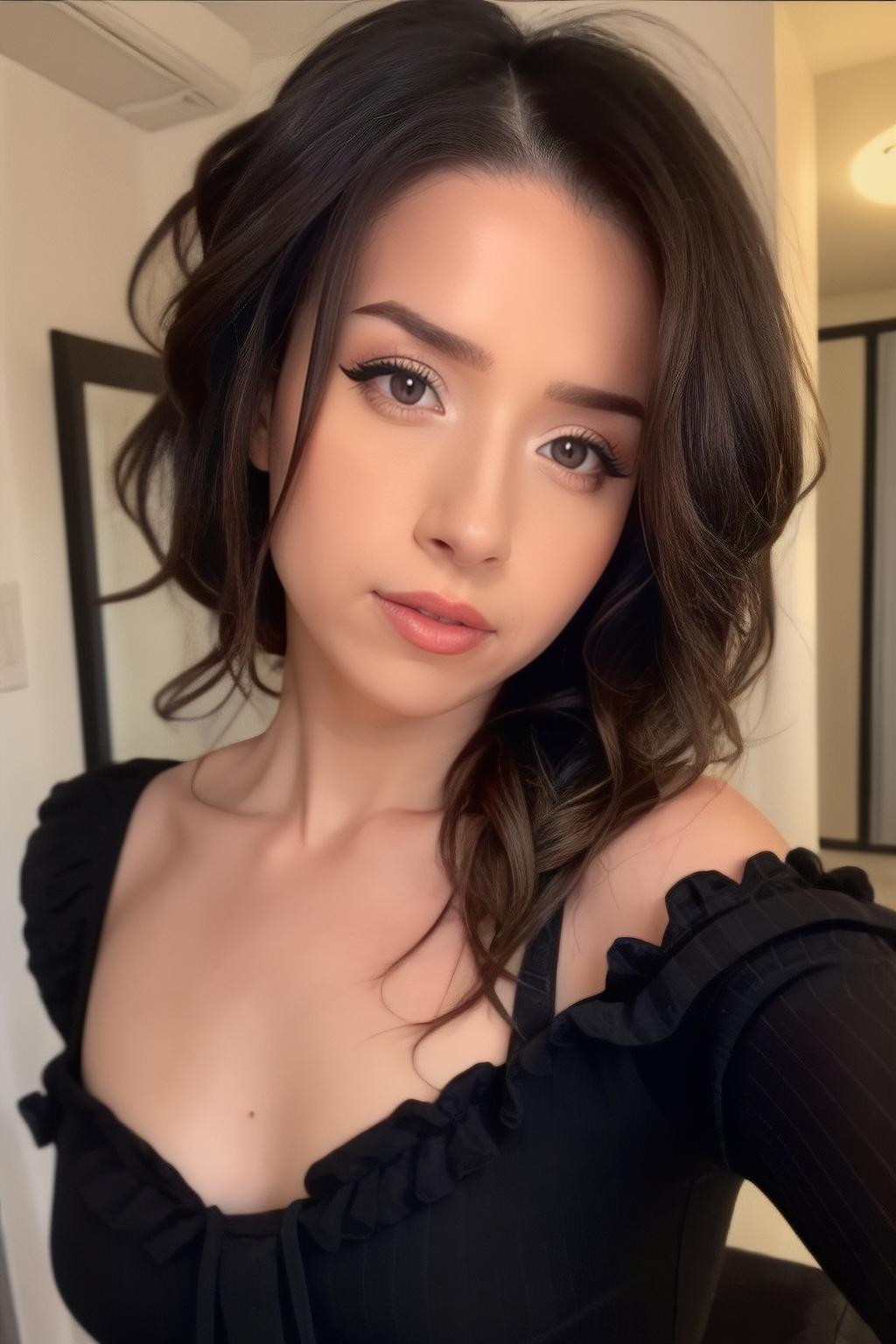 A close up of a woman in a black dress posing for a picture - SeaArt AI