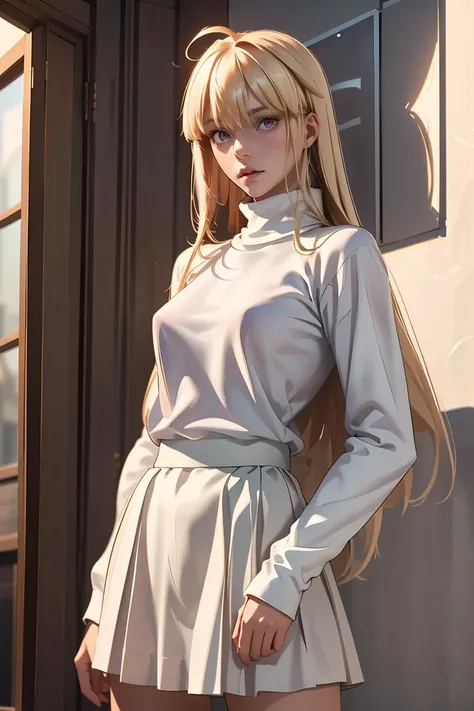(masterpiece, best quality), 1girl , <lora:arcueid_byscaxzys:1> arcueid, blonde hair, red eyes, long hair, very long hair, bangs, ahoge, sidelocks, long skirt, purple skirt, skirt, sweater, turtleneck, white sweater,