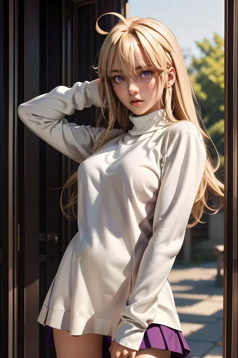 (masterpiece, best quality), 1girl , <lora:arcueid_byscaxzys:1> arcueid, blonde hair, red eyes, long hair, very long hair, bangs, ahoge, sidelocks, long skirt, purple skirt, skirt, sweater, turtleneck, white sweater,