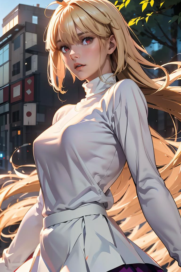 (masterpiece, best quality), 1girl , <lora:arcueid_byscaxzys:1> arcueid, blonde hair, red eyes, long hair, very long hair, bangs, ahoge, sidelocks, long skirt, purple skirt, skirt, sweater, turtleneck, white sweater,