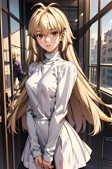 (masterpiece, best quality), 1girl , <lora:arcueid_byscaxzys:1> arcueid, blonde hair, red eyes, long hair, very long hair, bangs, ahoge, sidelocks, long skirt, purple skirt, skirt, sweater, turtleneck, white sweater,