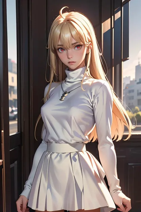 (masterpiece, best quality), 1girl , <lora:arcueid_byscaxzys:1> arcueid, blonde hair, red eyes, long hair, very long hair, bangs, ahoge, sidelocks, long skirt, purple skirt, skirt, sweater, turtleneck, white sweater,