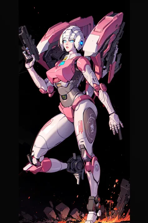 masterpiece,solo, volumetric lighting, best quality, intricate details , <lora:Arcee1.1:1>,Metallic skin, no humans, mecha,robot face,glowing eyes, blue eyes,thin lips,full body, comic,pink skin , complex background,fire,explosion, cityscape, future city,science fiction, holding weapon,war